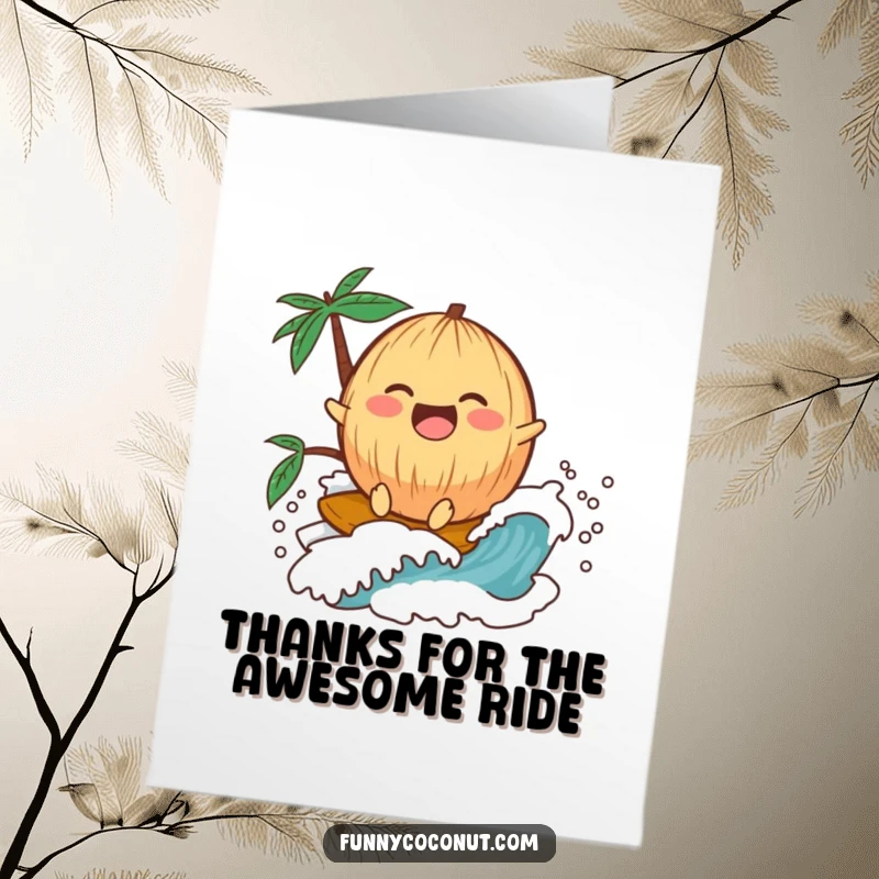 Funny Free Printable Thank You Card: Laughing Kawaii Coconut Surfing a Small Wave, Thankful, Beachy Fun
