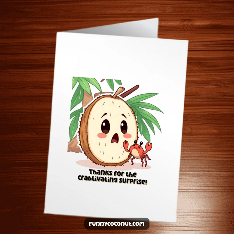 Funny Free Printable Thank You Card: A wide-eyed coconut observes a tiny crab dancing enthusiastically, a funny thank you.