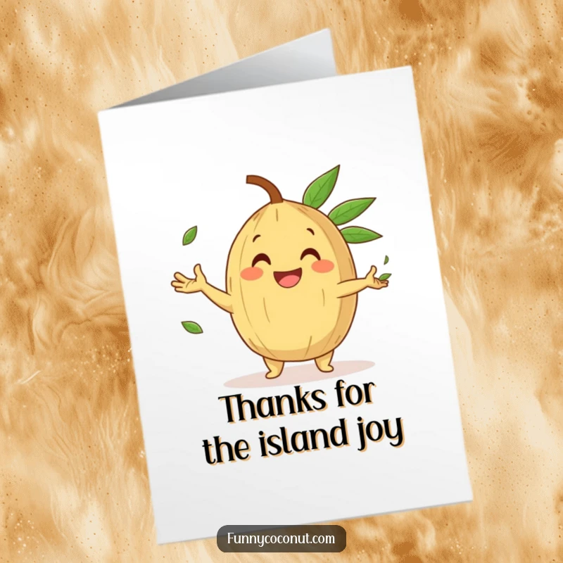 Funny free printable thank you card: A happy coconut juggles palm leaves with a gleeful grin, sending thanks.