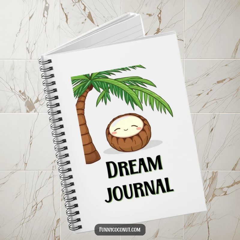 Funny notebook cover featuring a sleeping coconut with a peaceful smile under a palm tree, inspiring calm writing.