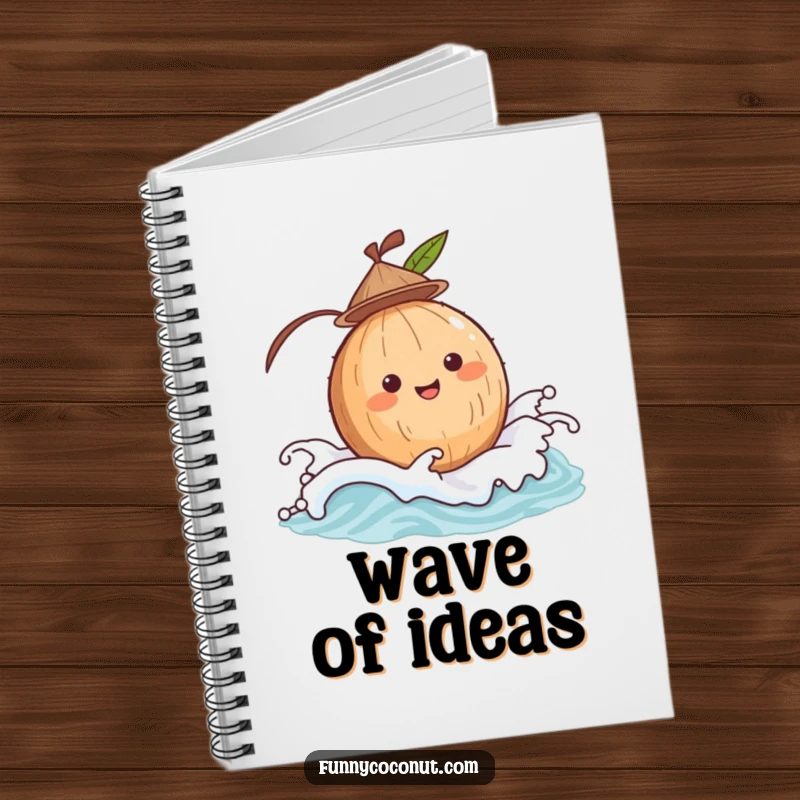 Funny coconut wearing a hat, bobbing on a gentle wave, a cute and humorous notebook for seaside journaling.
