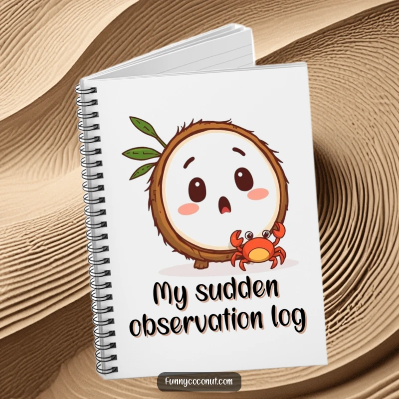 Funny surprised coconut character watching a tiny crab scuttle away, ideal for writing beach adventures.