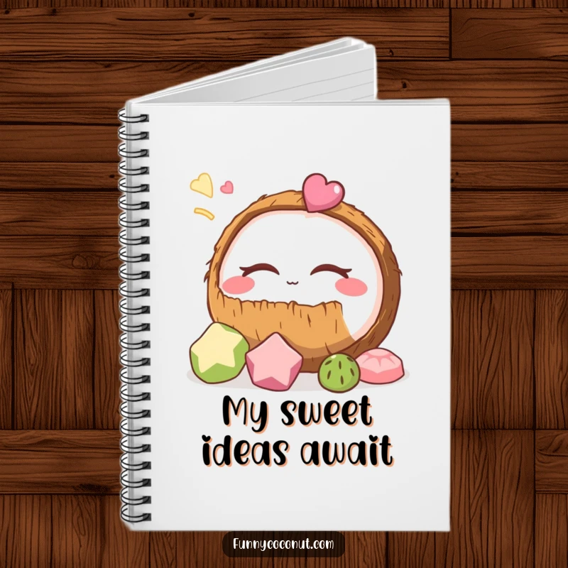 Funny coconut notebook featuring a dreaming coconut, perfect for writing notes, doodles, and capturing delightful snack-related thoughts.