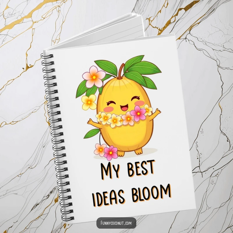 Funny notebook with a delighted coconut character offering a flower lei, ideal for jotting ideas and as a humorous stationery gift.