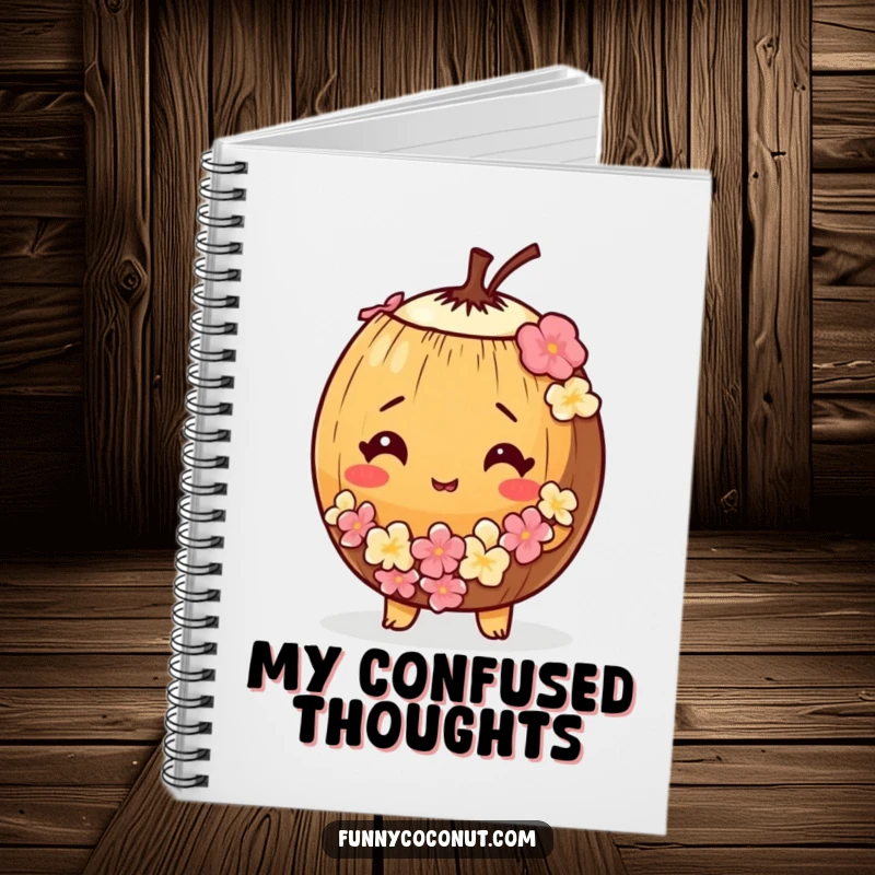 Funny notebook with a bewildered coconut wearing a tiny lei, ideal for notes and ideas.