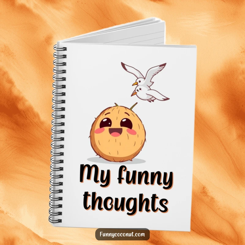 Funny notebook cover featuring a laughing coconut with exaggerated eyes watching a seagull fly by, inspiring humorous writing.