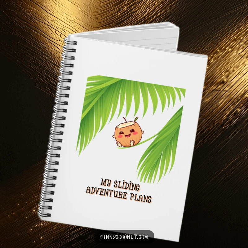 Funny smiling coconut character sliding down a palm frond, ideal for writing tropical thoughts.