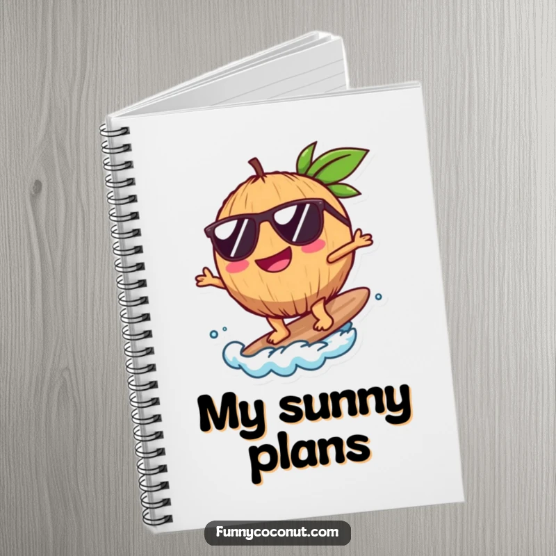 Funny Coconut Notebook, featuring a happy coconut with sunglasses surfing, great for writing and drawing, a charming funny gift.