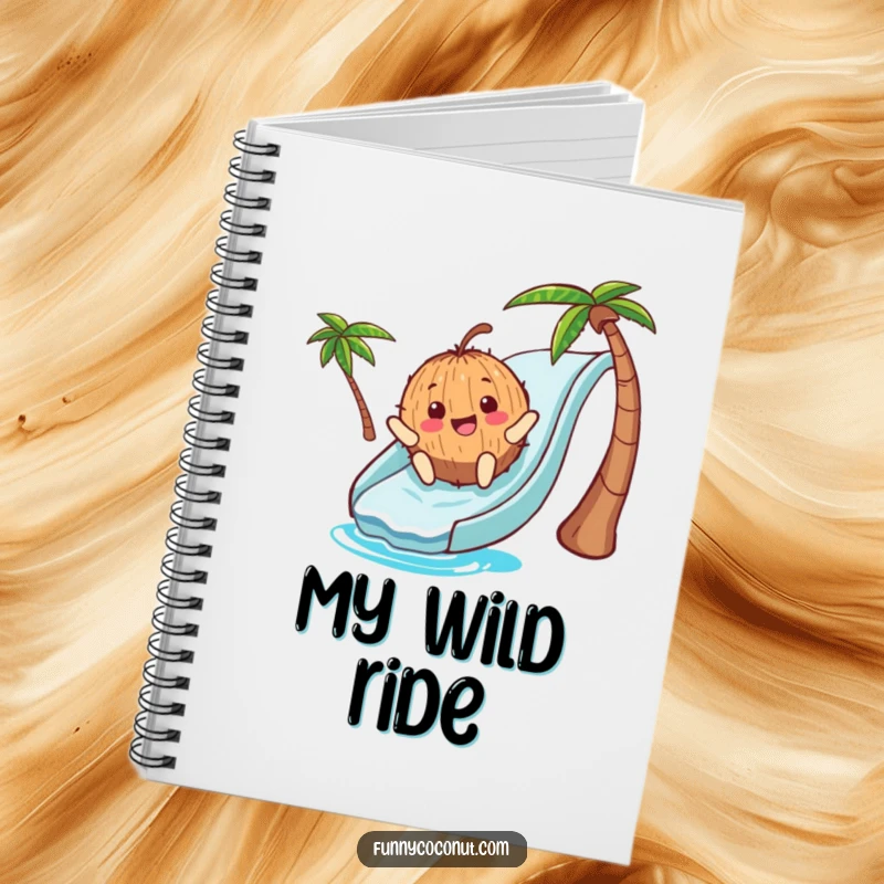 Funny Notebook: A cover illustration of a smiling coconut character sliding down a blue waterslide, perfect for jotting down summer-inspired thoughts.