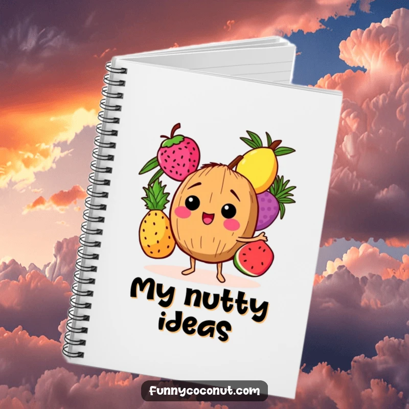 Funny notebook with a happy coconut character juggling three vibrant tropical fruits, perfect for notes and doodles.