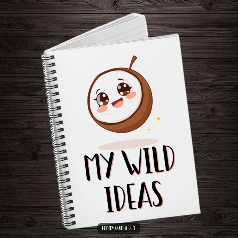 Funny coconut notebook, a coconut with wide eyes giggling as it rolls downhill, perfect for capturing hilarious thoughts.