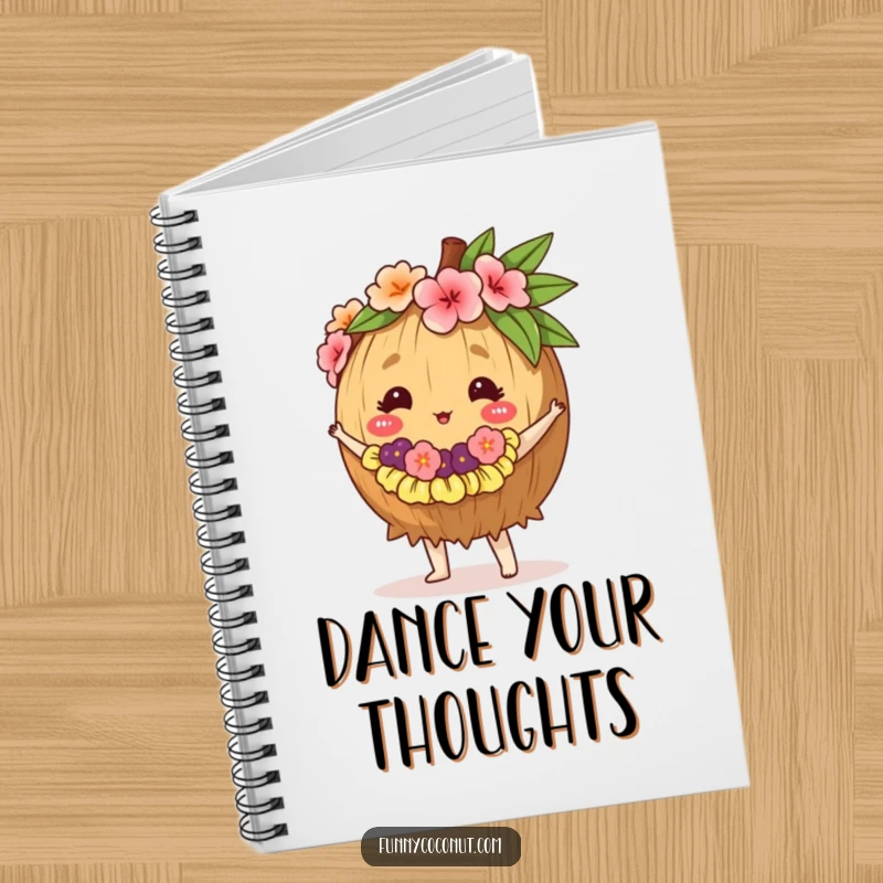 Funny notebook cover with a coconut wearing a tiny lei, dancing the hula, ready for your island inspirations.
