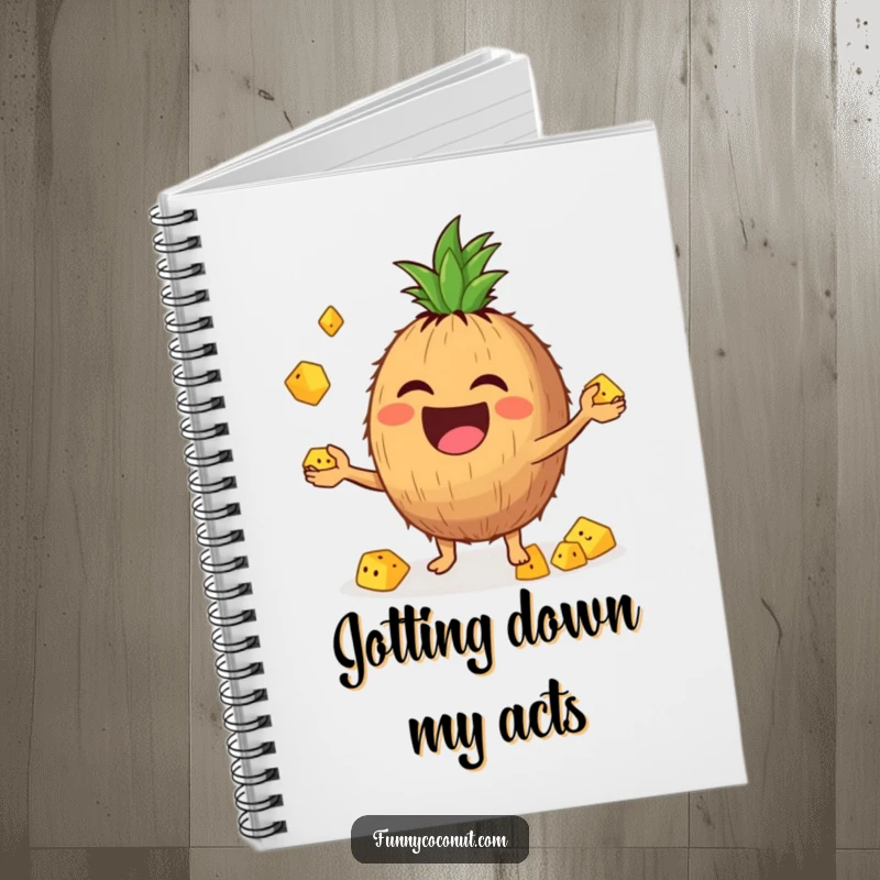 Funny notebook with a laughing coconut character enthusiastically juggling tiny pineapple chunks, perfect for jotting ideas.