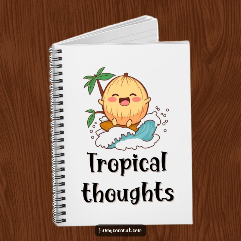 Funny kawaii coconut laughing on a wave, featured on a notebook for capturing sunny ideas and notes.