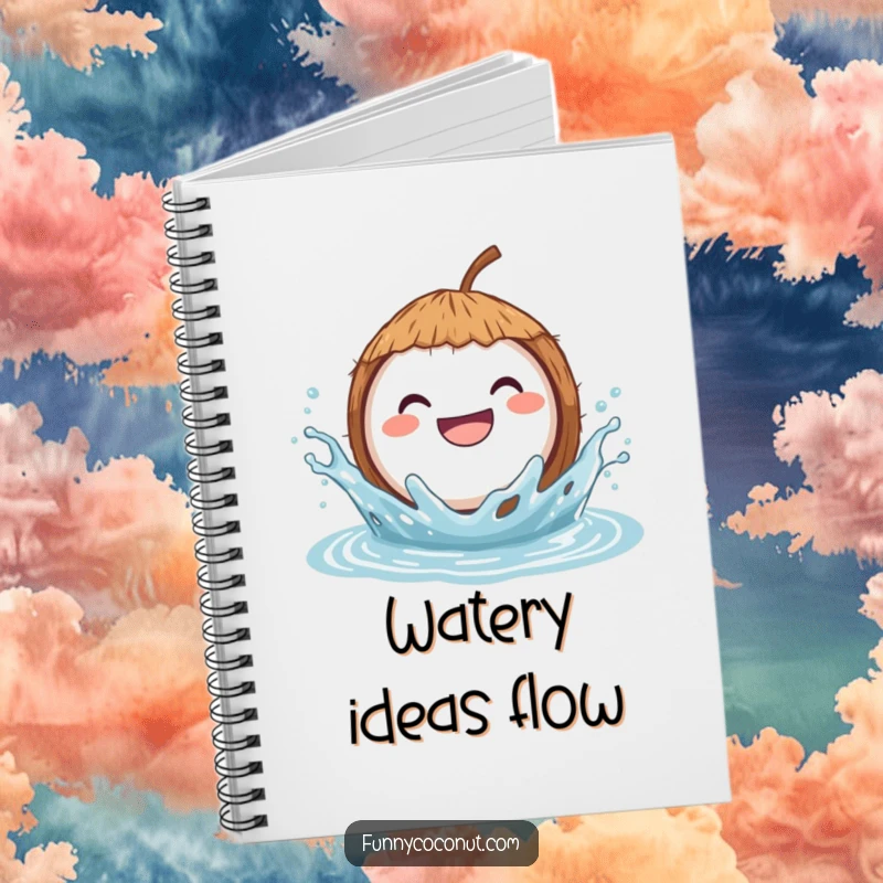 Funny notebook cover featuring a grinning coconut joyfully splashing in water, inspiring happy thoughts and aquatic-themed ideas.