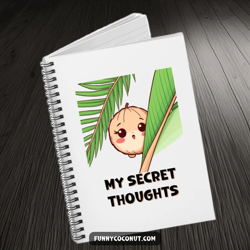 Funny notebook cover featuring a surprised coconut peeking from behind a palm leaf, inspiring curious and imaginative writing.