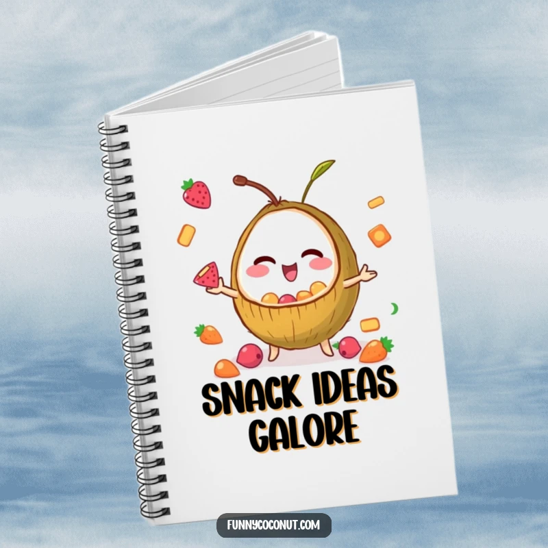Funny notebook cover featuring a winking coconut skillfully juggling tiny fruit snacks, inspiring fun and fruity ideas.