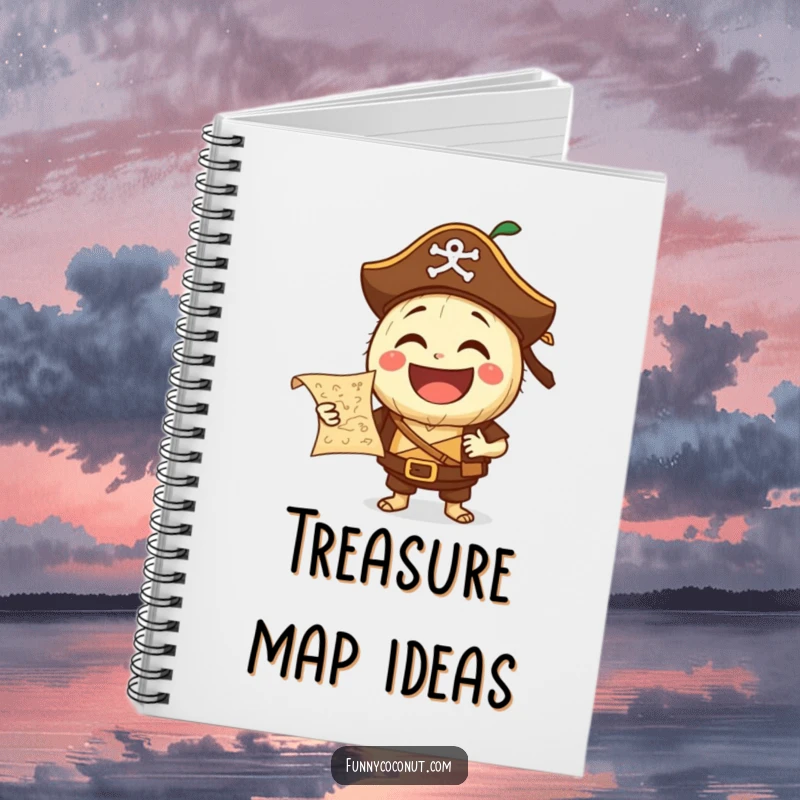 Funny Pirate Coconut Notebook: A laughing coconut character dressed as a pirate holds a treasure map, perfect for charting adventures and fun notes.