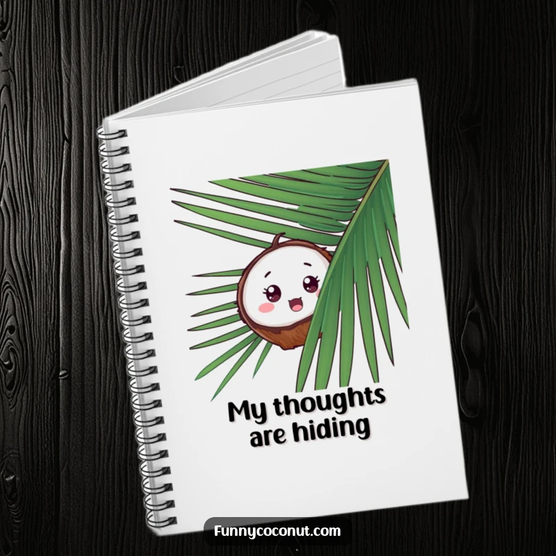Funny Surprised Coconut Notebook, a coconut peeking from behind palm fronds with a comical surprised look, ideal for tropical notes.