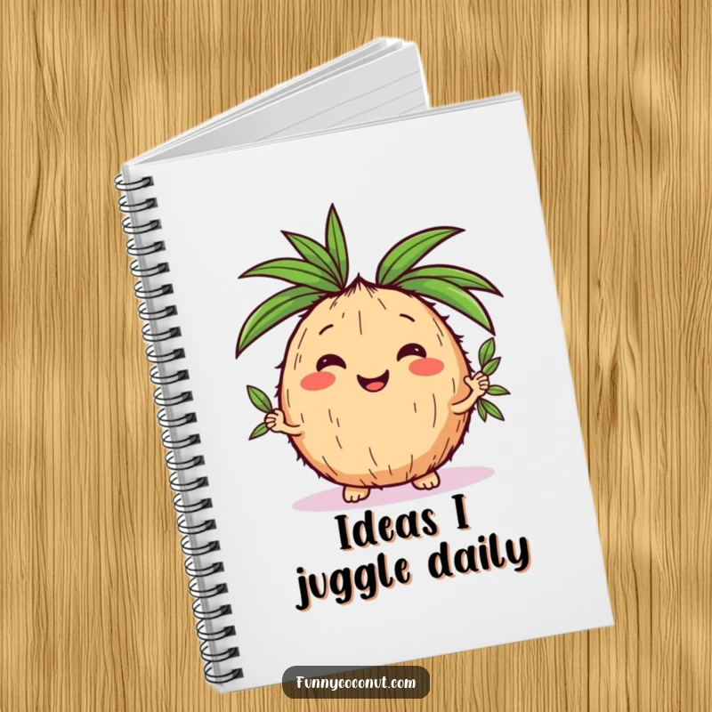 Funny kawaii coconut juggling small palm leaves on the cover of a notebook, perfect for jotting down funny thoughts.