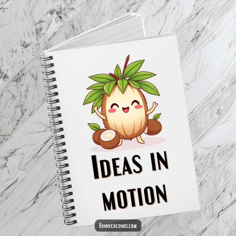Funny cheerful coconut wearing a leafy crown, juggling three smaller coconuts, a humorous notebook for jotting ideas.