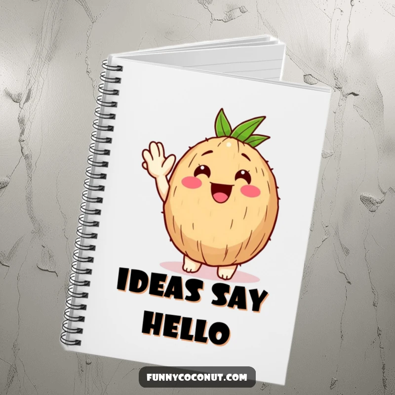 Funny Happy Coconut Notebook: A happy coconut character offers a friendly wave, inspiring warm greetings and humorous entries.