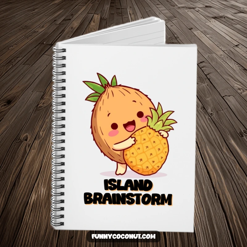 Funny coconut notebook with a coconut character playfully bopping a miniature pineapple with its husk, tropical fun.