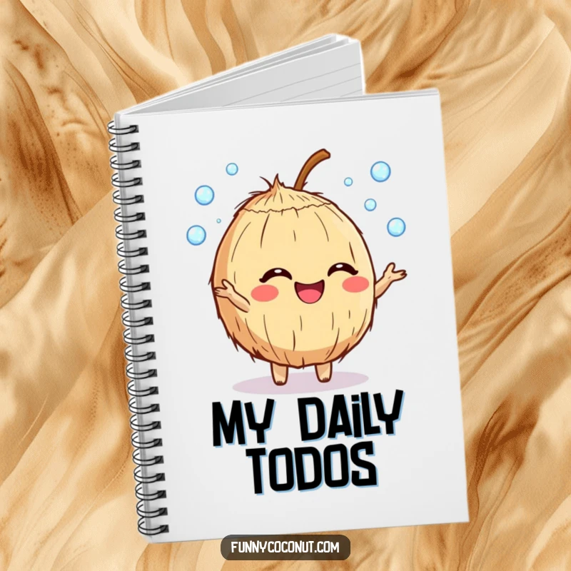 Funny giggling coconut character notebook juggling dewdrops, perfect for notes, doodles, and capturing joyful ideas.