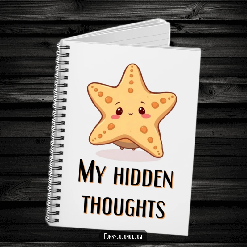 Funny notebook cover with a coconut character peeking from behind a starfish, ideal for jotting down ocean-inspired thoughts.