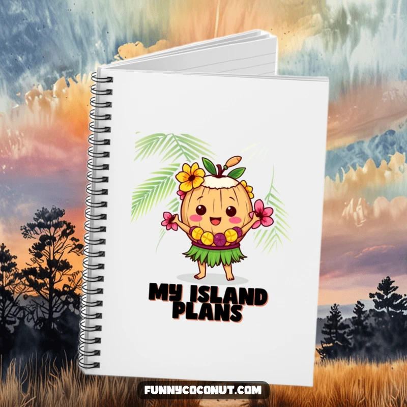 Funny coconut character in a lei, dancing the hula, a humorous and inspiring notebook for jotting down thoughts.