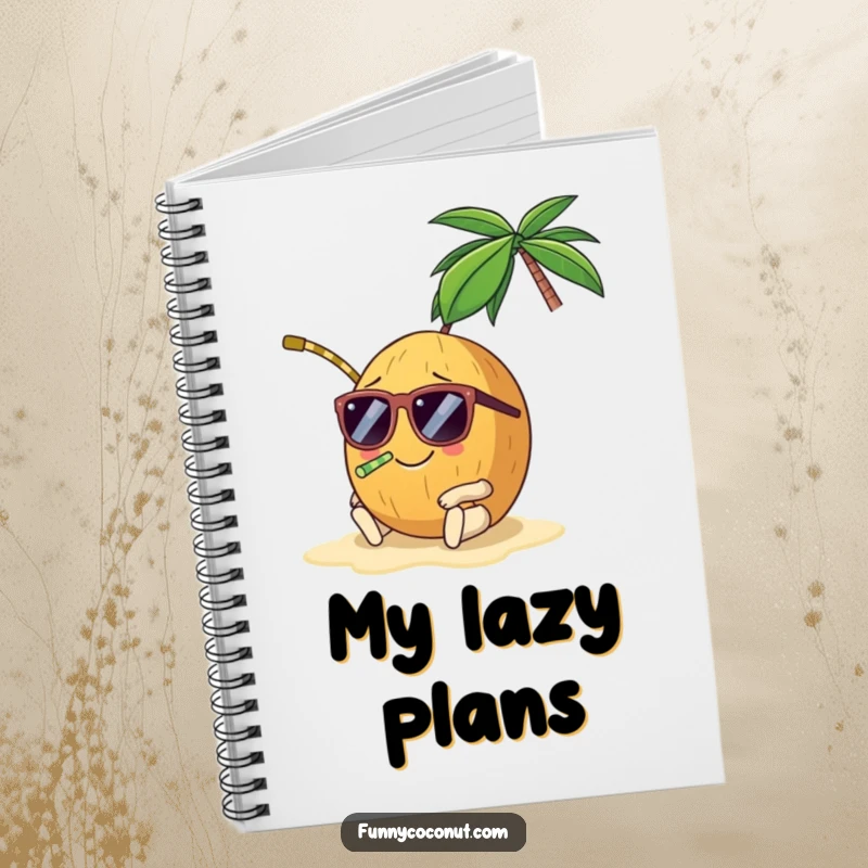 Funny coconut notebook, a smiling coconut wearing sunglasses and a straw, lounging on a beach, perfect for jotting down ideas.
