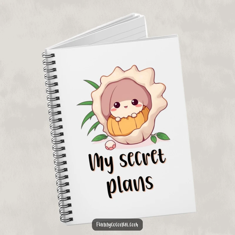 Funny notebook cover featuring a curious coconut peeking from behind a large seashell, inspiring observant writing.