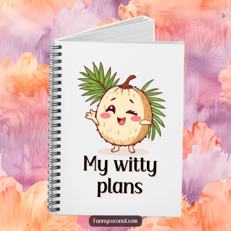 Funny notebook cover with a coconut character winking and striking a confident pose, palm frond in hand, inspiring stylish note-taking.