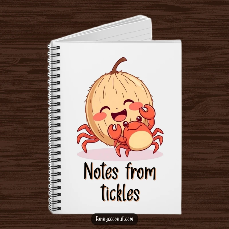 Funny giggling coconut with rosy cheeks being tickled by a crab, a humorous notebook for jotting down happy thoughts.