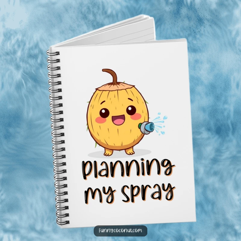 Funny notebook with a cheerful coconut character enthusiastically spraying water from a tiny hose, perfect for jotting ideas.