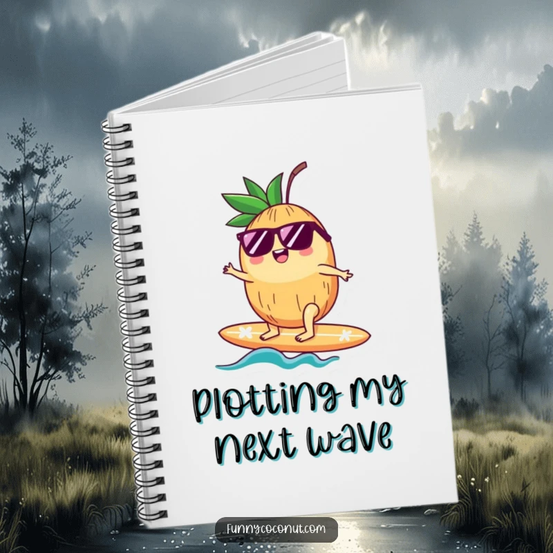 Funny notebook cover with a happy coconut wearing sunglasses, riding a surfboard, inspiring creative and beach-themed notes.