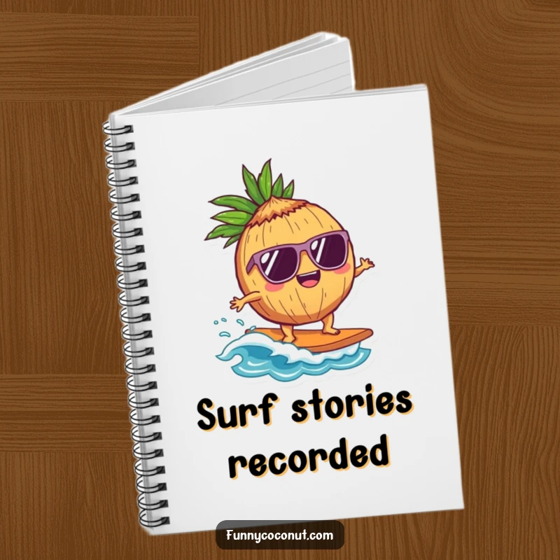 Funny Coconut Surfer Notebook: A delighted coconut character in sunglasses surfs a wave, perfect for jotting down cool ideas and beachy thoughts.