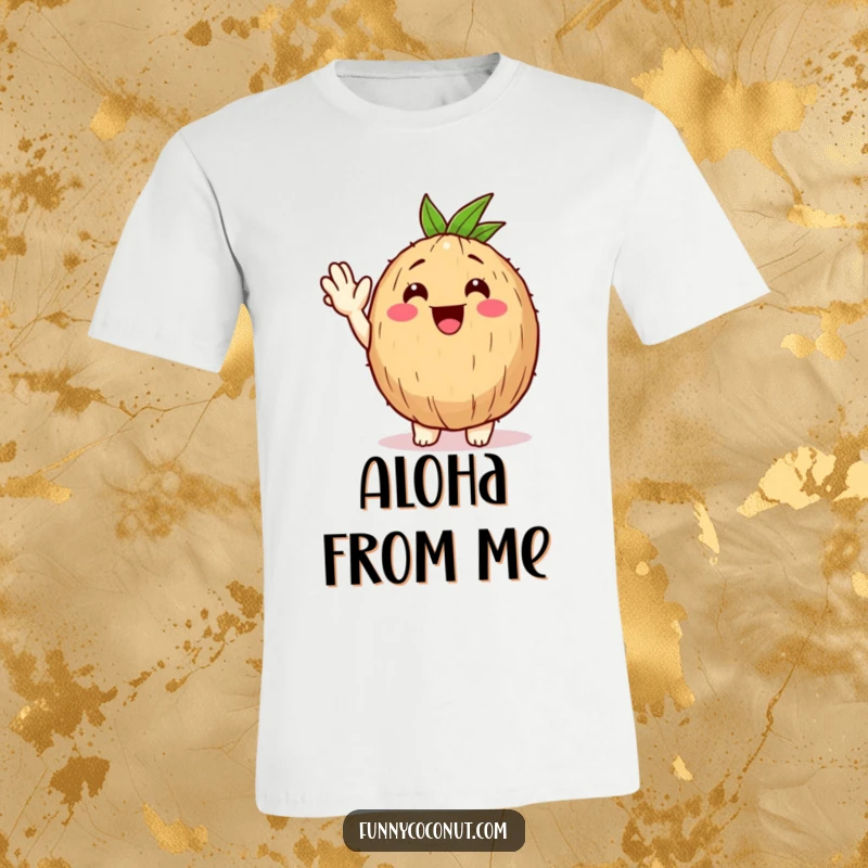 Funny Happy Coconut T-Shirt: A joyful coconut character extends a limb for a big, friendly wave, showing tropical warmth.