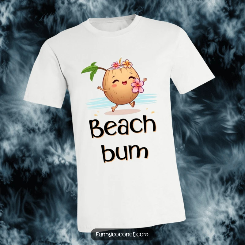 Funny winking coconut t-shirt wearing a flower lei, joyfully skipping on sand, embodying tropical beach fun.