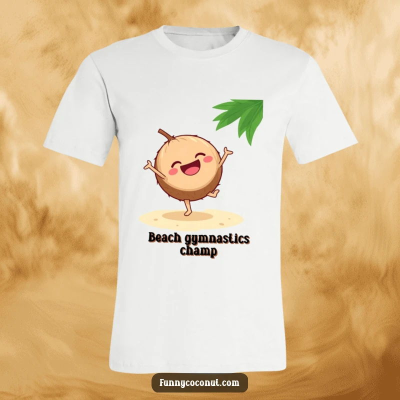 Funny t-shirt depicting a laughing coconut mid-cartwheel on a sandy beach, embodying pure exhilaration and playful beach energy.