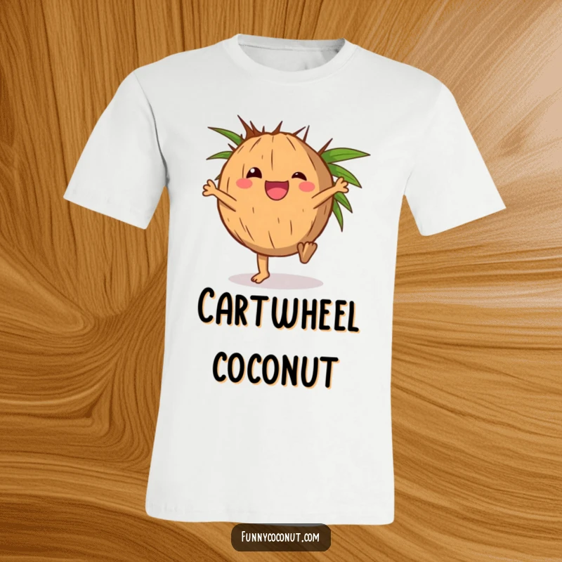 Funny t-shirt design of a delighted coconut character doing a cartwheel with its husk.