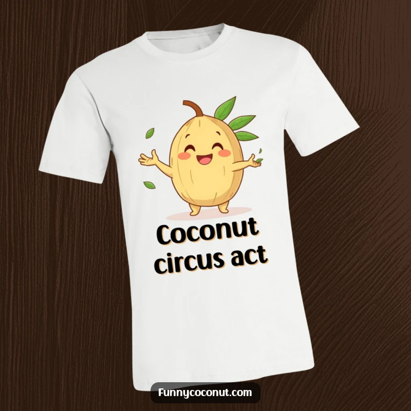 Funny T-Shirt of a happy coconut character with a gleeful grin, playfully juggling tiny palm leaves, a delightful sight.
