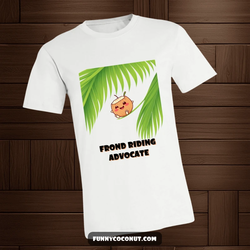 Funny smiling coconut character joyfully sliding down a palm frond, a cool tee for summer fun.