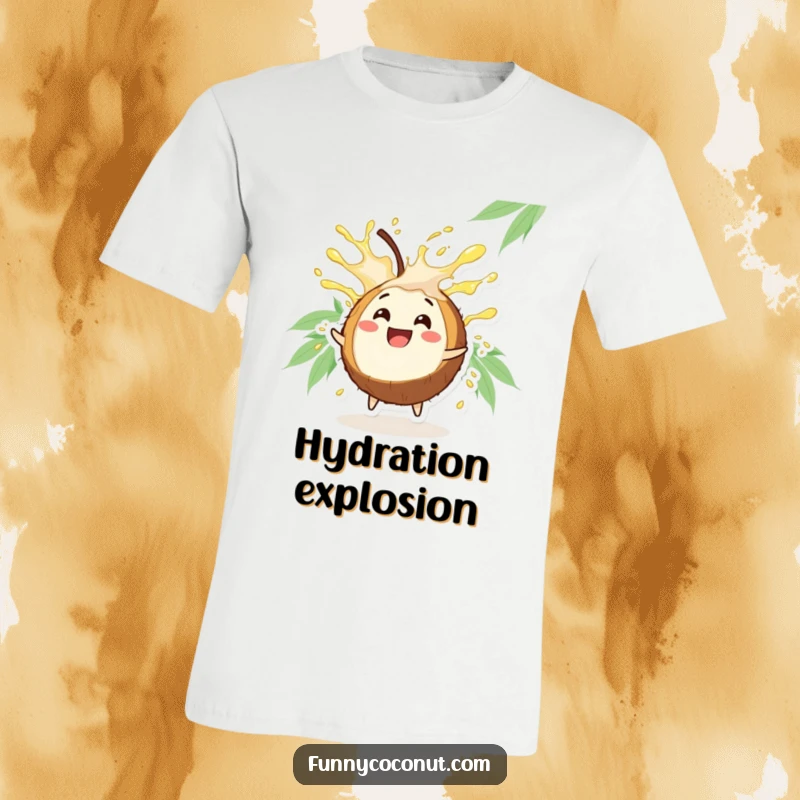 Funny Coconut T-Shirt: A happy coconut character bursting with refreshing juice, symbolizing tropical delight and fun.