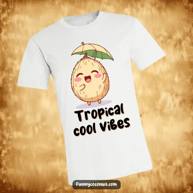 Funny t-shirt showcasing a delighted coconut character with a tiny umbrella perched on its head, captured mid-giggle, looking incredibly cheerful.