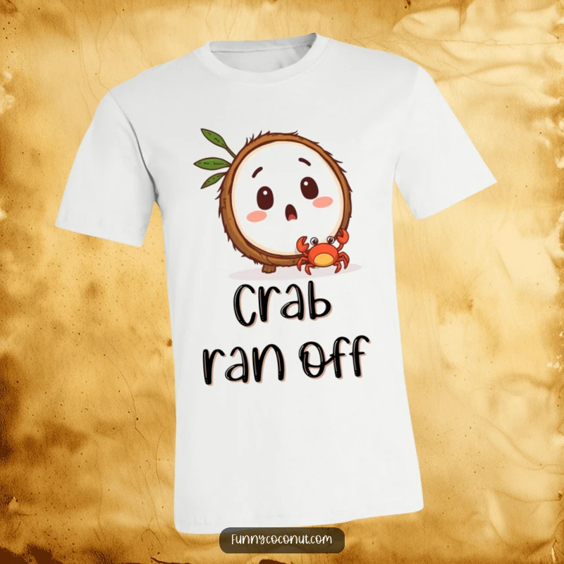 Funny surprised coconut character watching a tiny crab scuttle away, a witty tee for seaside fun.