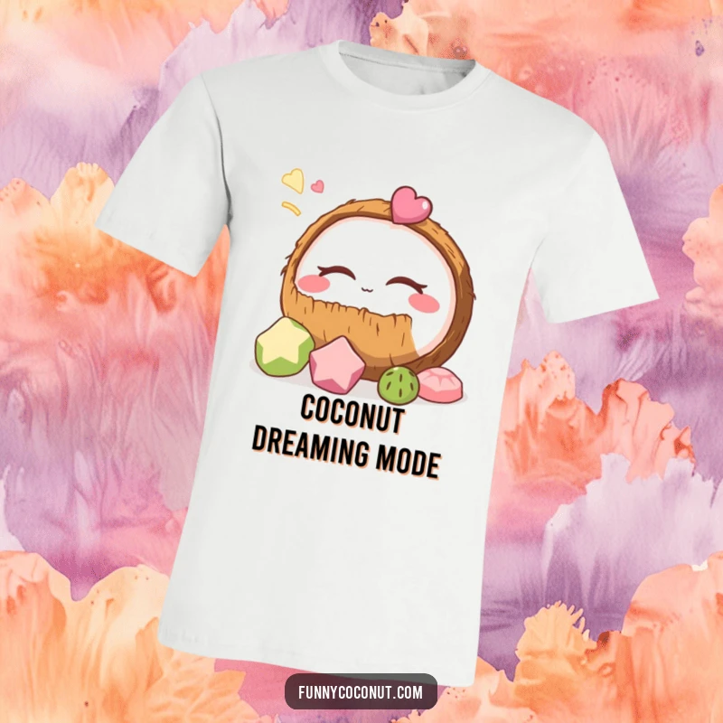 Funny coconut t-shirt featuring a cute coconut with closed eyes, peacefully dreaming of mouth-watering tasty treats, ideal for casual wear.