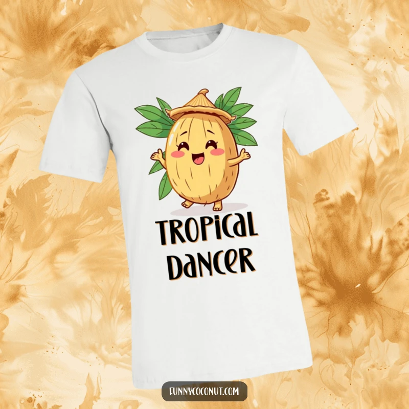 Funny Coconut Jig T-Shirt: A comical coconut character in a straw hat, performing a lively dance.