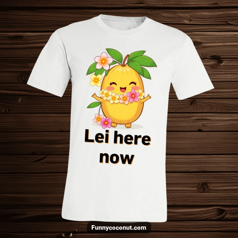 Funny t-shirt depicting a delighted coconut character presenting a fresh flower lei, perfect for island lovers and as a funny gift.