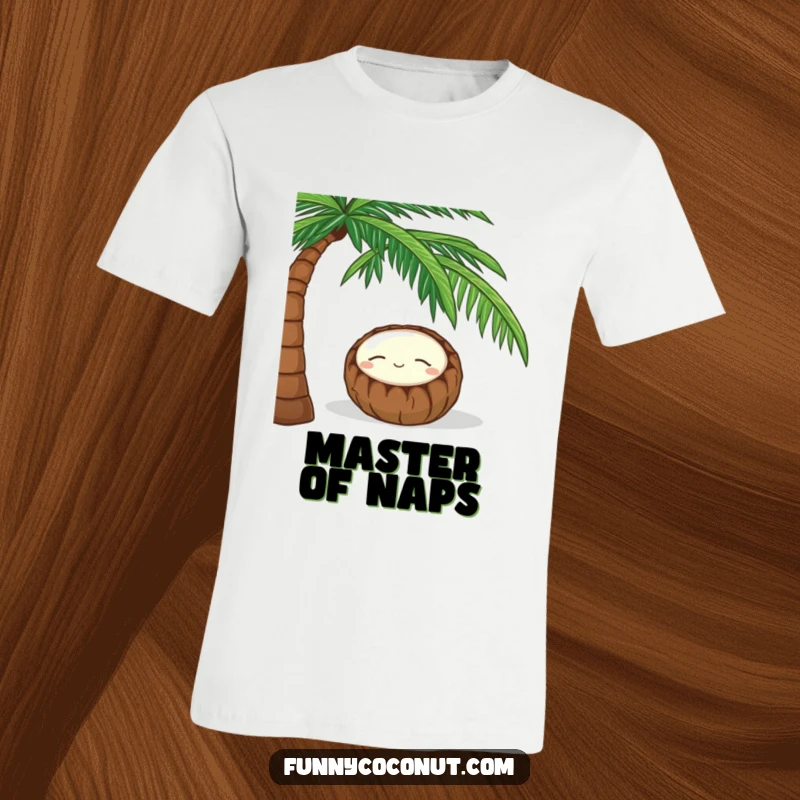 Funny t-shirt with a sleeping coconut smiling peacefully while napping under a stylized palm tree, conveying calm.